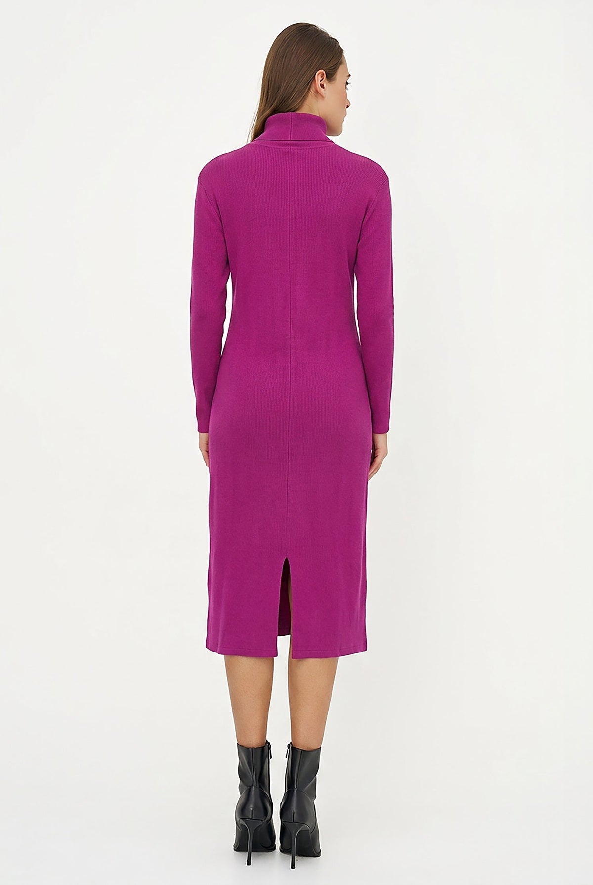 Women's Rib-Knit Turtleneck Dress, Long Sleeves & Back Slit