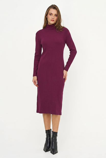 Women's Rib-Knit Turtleneck Dress, Long Sleeves & Back Slit