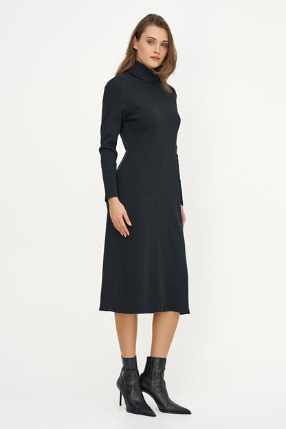 Women's Rib-Knit Turtleneck Dress, Long Sleeves & Back Slit