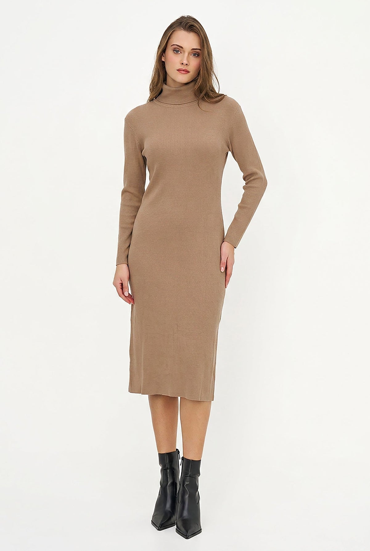 Women's Rib-Knit Turtleneck Dress, Long Sleeves & Back Slit