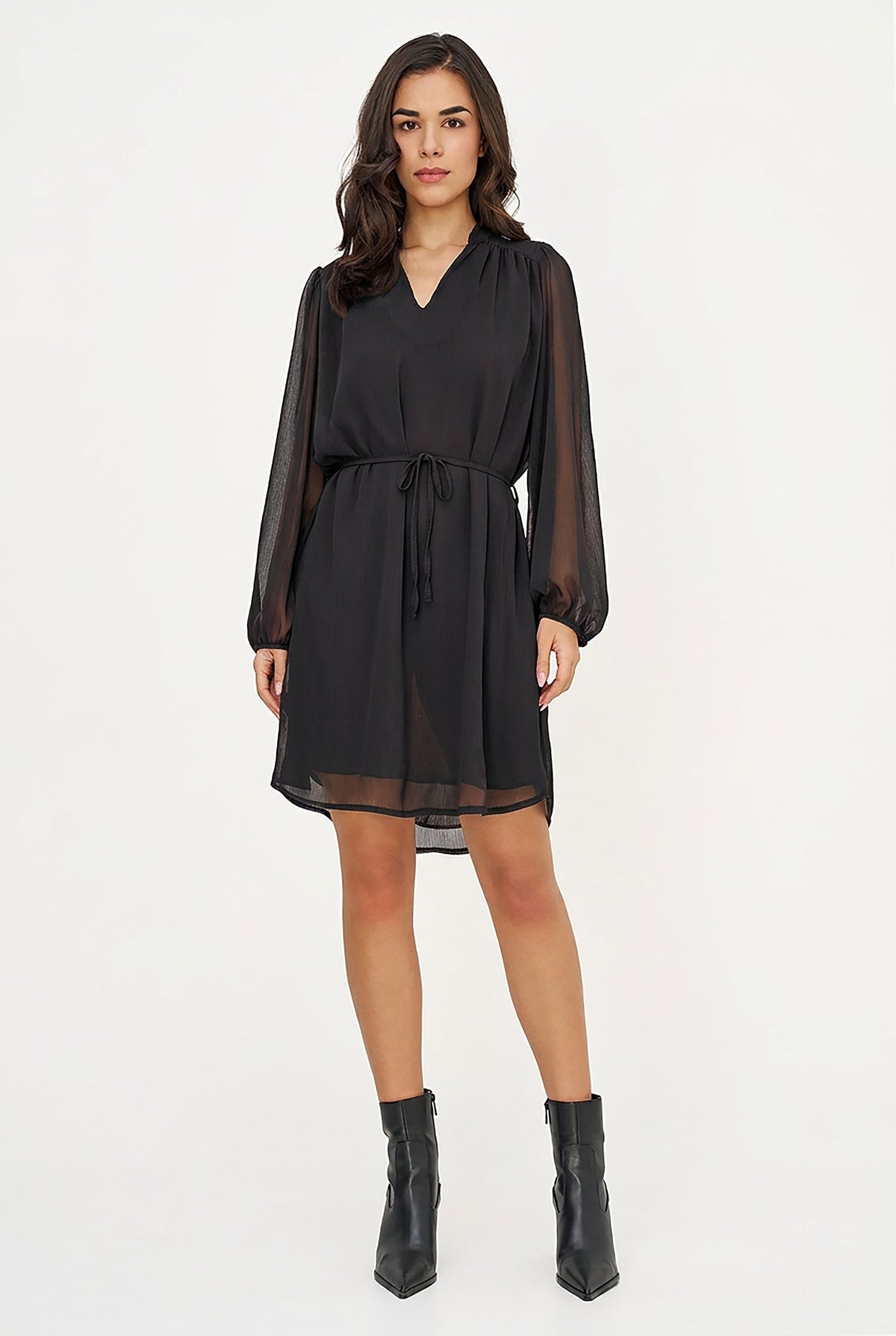 Women's Woven V-Neck Dress, Long Sleeves & Removable String Belt