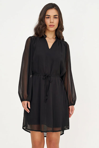 Women's Woven V-Neck Dress, Long Sleeves & Removable String Belt
