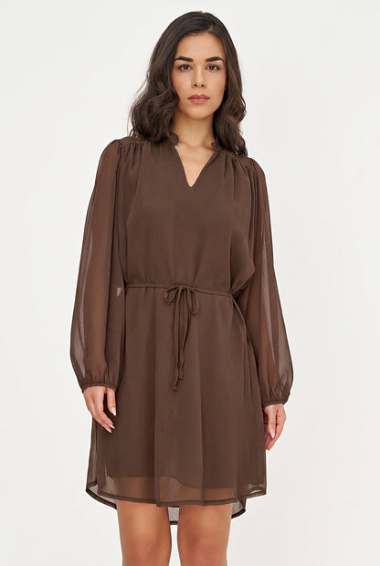 Women's Woven V-Neck Dress, Long Sleeves & Removable String Belt