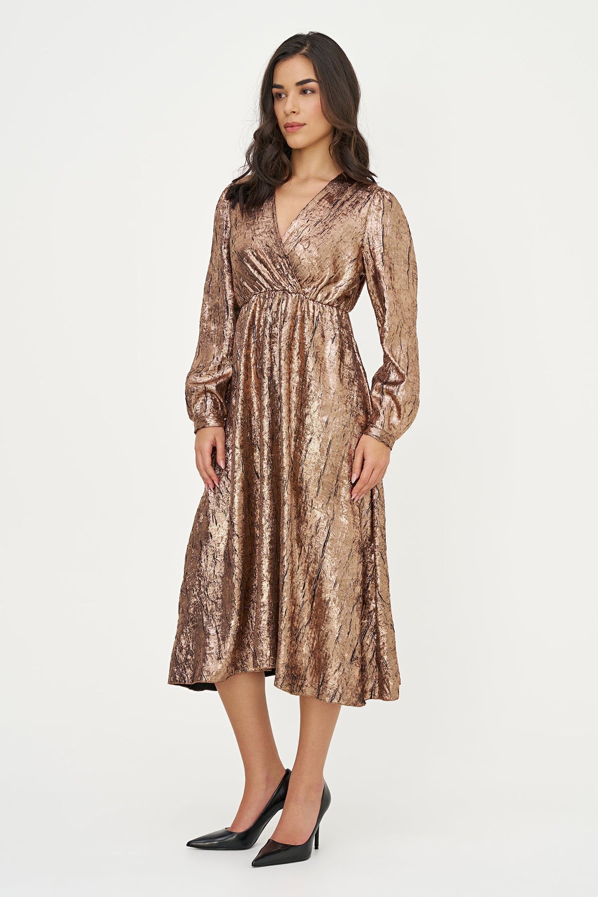 Women's Woven Fixed Crossover V-Neck Dress with Long Sleeves