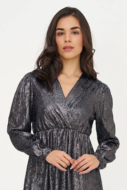 Women's Woven Fixed Crossover V-Neck Dress with Long Sleeves