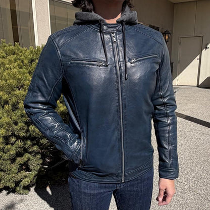 Men’s Hooded Leather Jacket. Sheep Leather Jacket with Removable Hood
