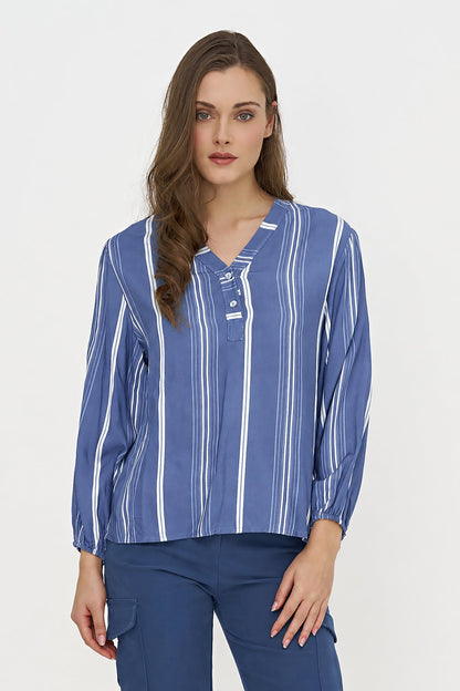Women's Printed Woven Tunic with Buttoned V-Neck Collar & Side Slits