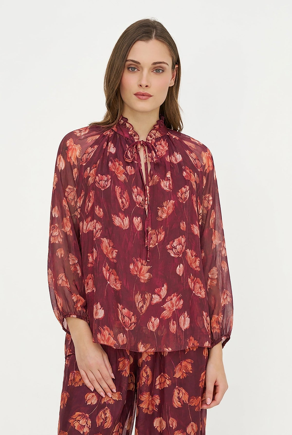 Women's Printed Tie V-Neck Tunic, Ruffled Stand Collar & Long Sleeves