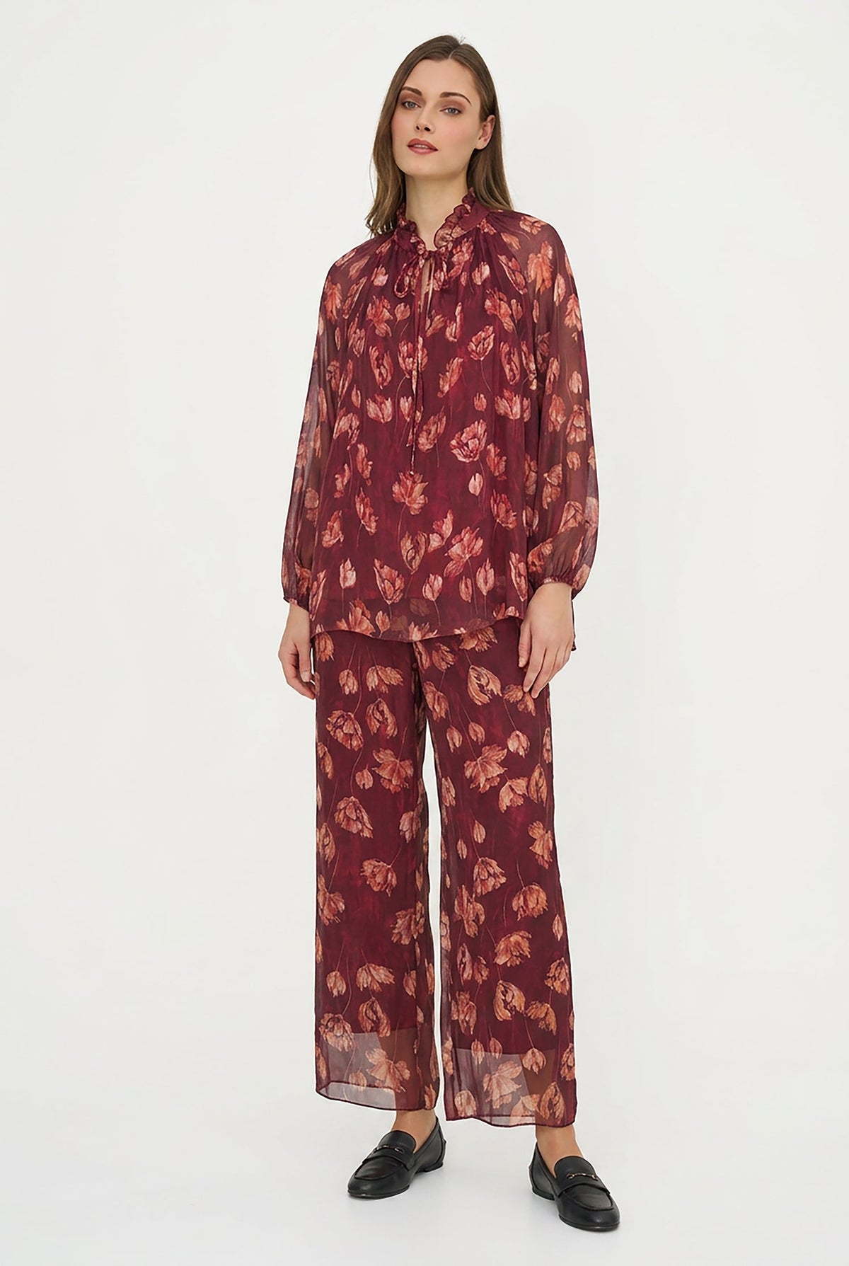 Women's Printed Tie V-Neck Tunic, Ruffled Stand Collar & Long Sleeves