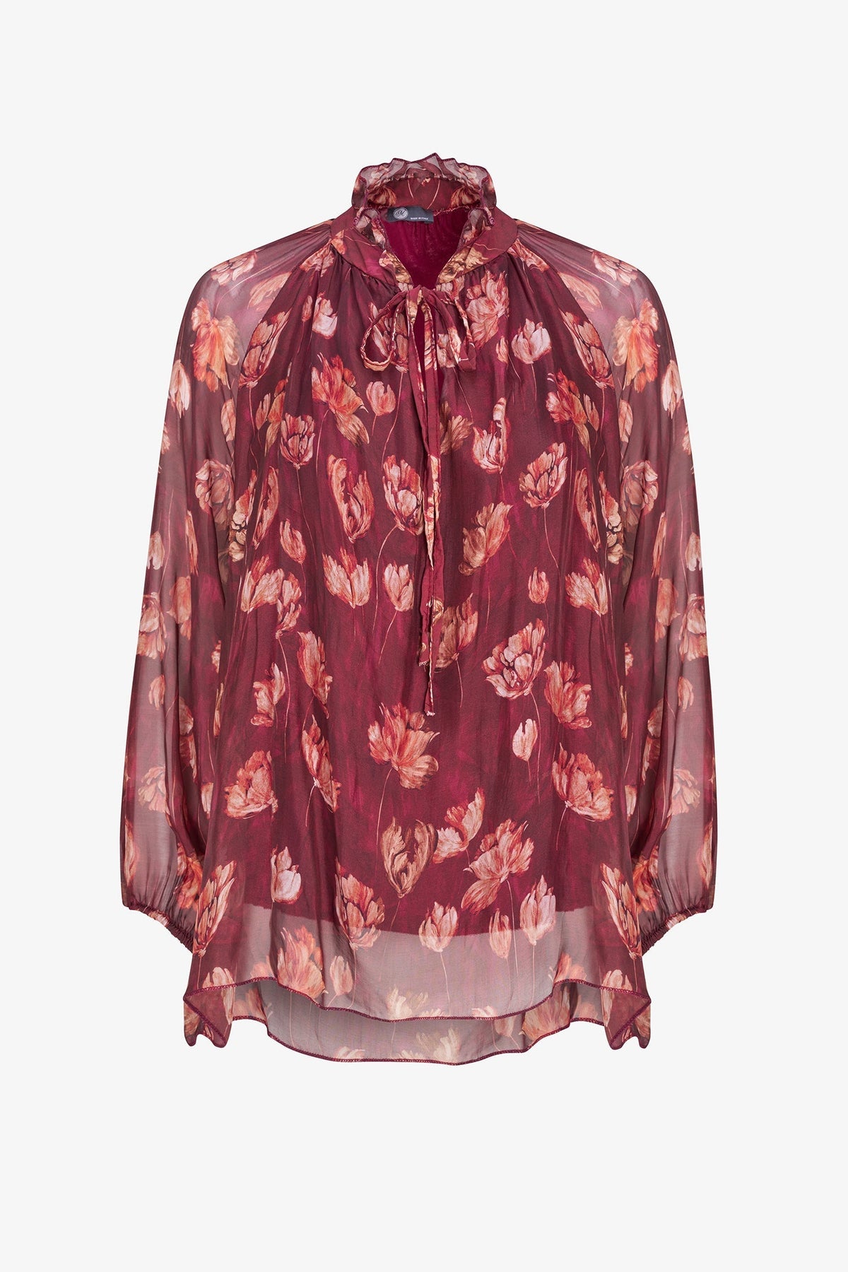 Women's Printed Tie V-Neck Tunic, Ruffled Stand Collar & Long Sleeves