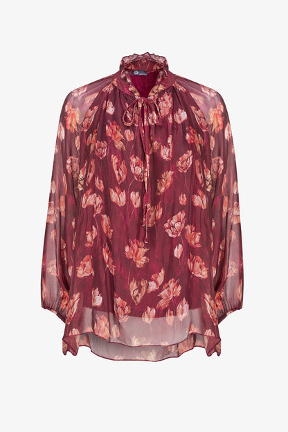 Women's Printed Tie V-Neck Tunic, Ruffled Stand Collar & Long Sleeves