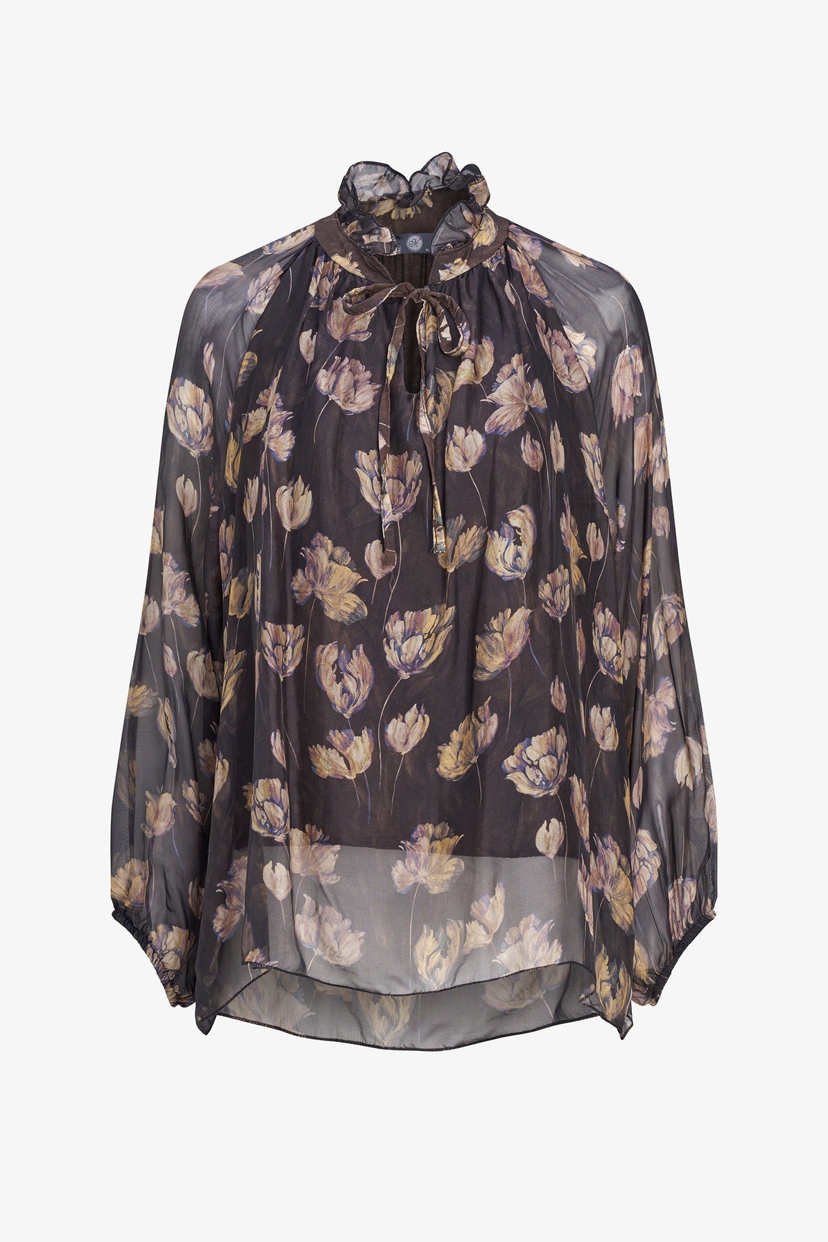 Women's Printed Tie V-Neck Tunic, Ruffled Stand Collar & Long Sleeves
