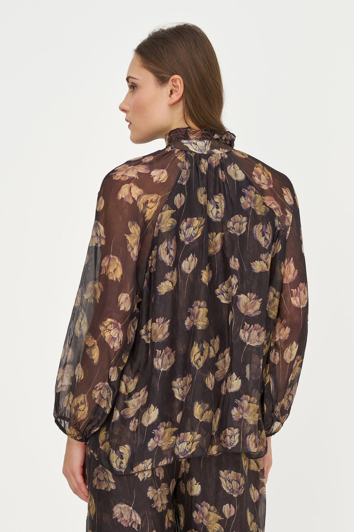 Women's Printed Tie V-Neck Tunic, Ruffled Stand Collar & Long Sleeves