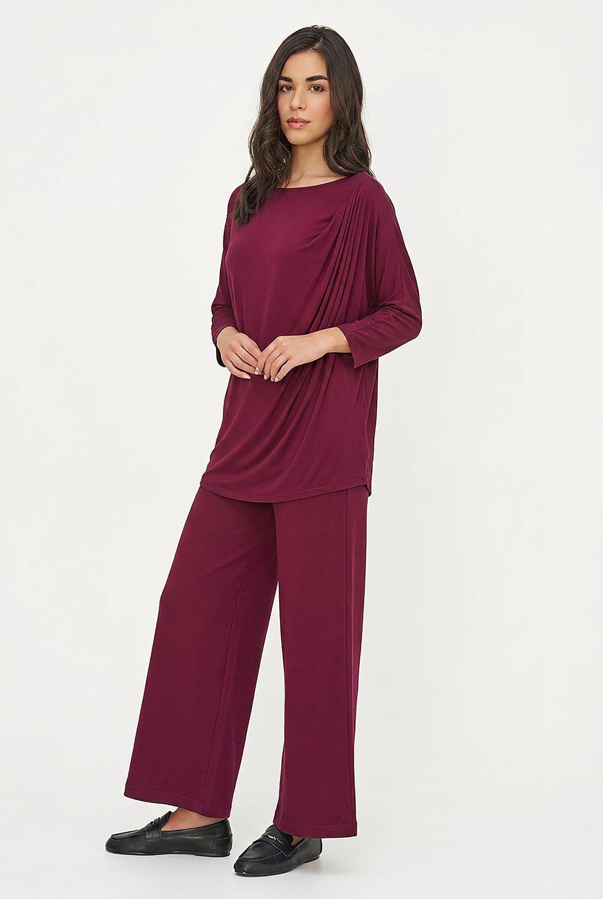 Women's Soft Knit Crew-Neck Tunic, 3/4 Sleeves & Draped Shoulder