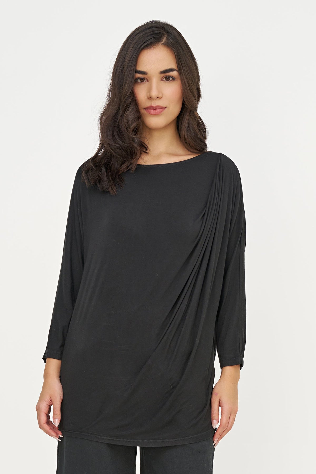 Women's Soft Knit Crew-Neck Tunic, 3/4 Sleeves & Draped Shoulder