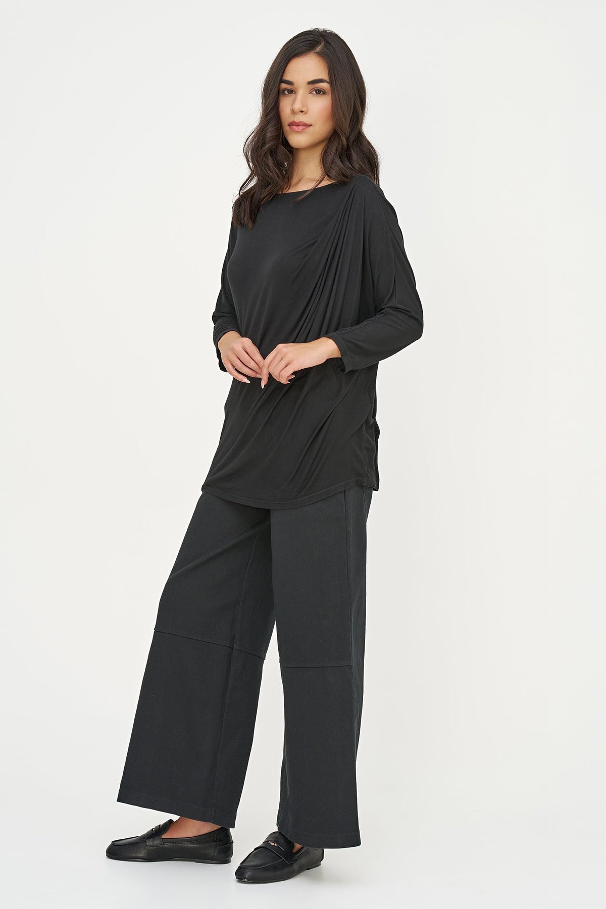 Women's Soft Knit Crew-Neck Tunic, 3/4 Sleeves & Draped Shoulder