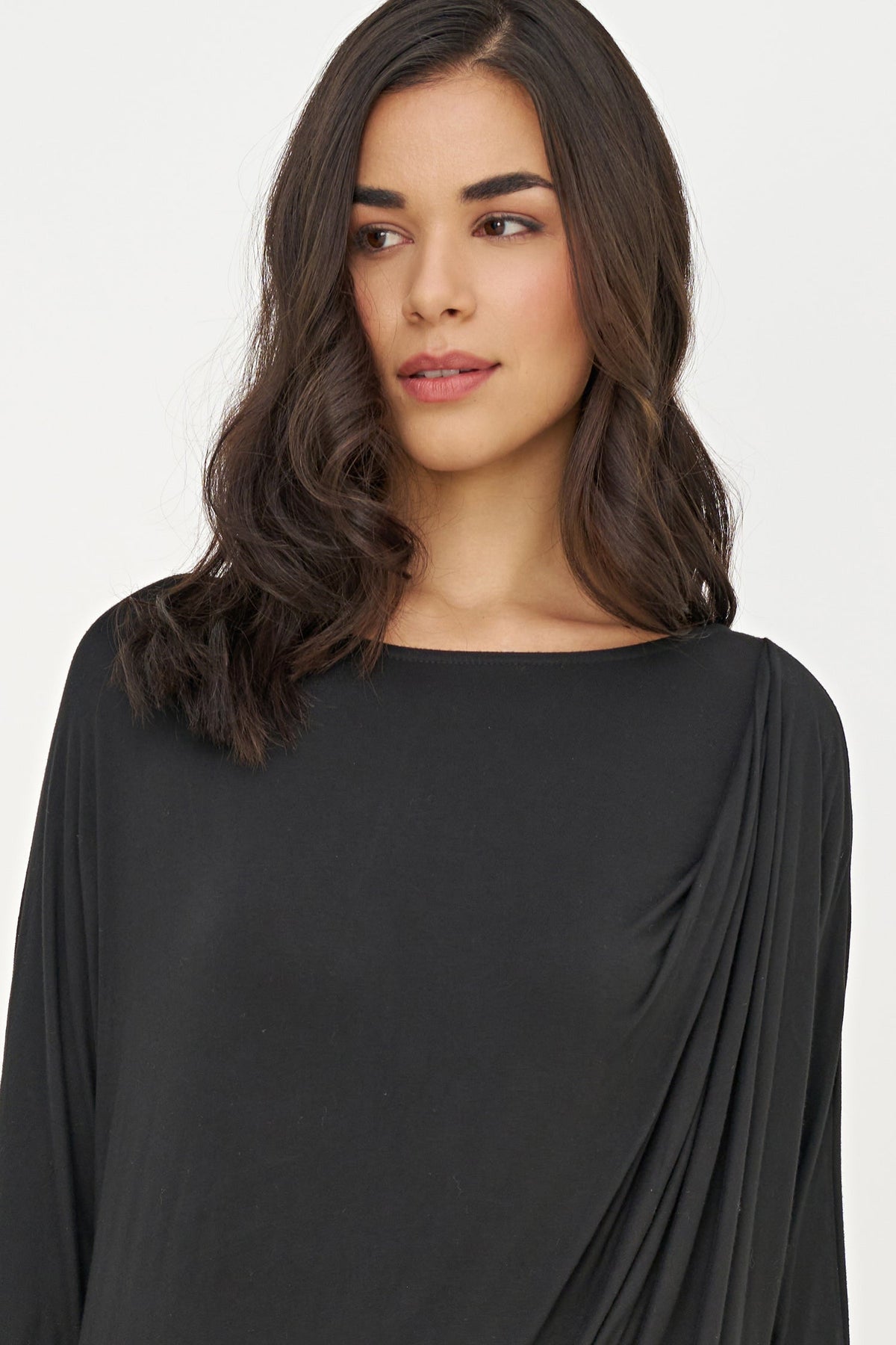 Women's Soft Knit Crew-Neck Tunic, 3/4 Sleeves & Draped Shoulder
