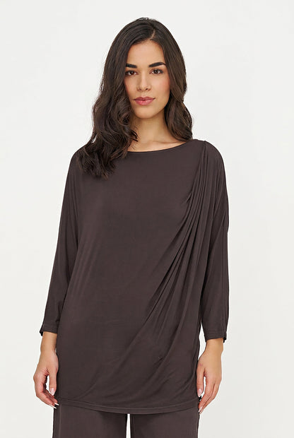 Women's Soft Knit Crew-Neck Tunic, 3/4 Sleeves & Draped Shoulder