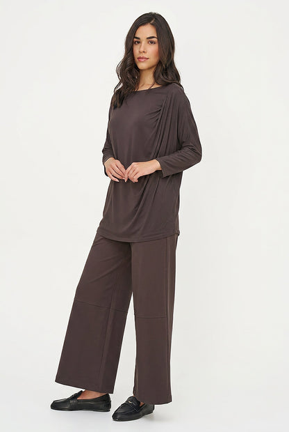 Women's Soft Knit Crew-Neck Tunic, 3/4 Sleeves & Draped Shoulder