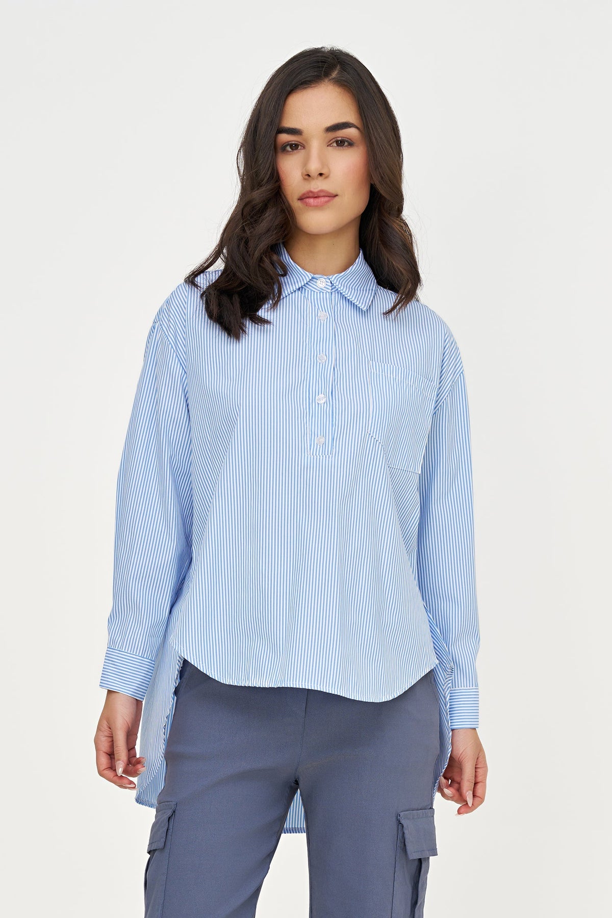 Women's Striped Tunic, Long Sleeves, High-Low Hem & Side Buttons
