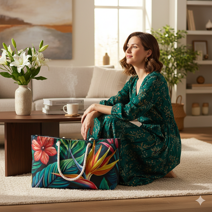 Tropical Hibiscus Floral Weekender Bag | Bird of Paradise Leaves, Large Tote Bag - AURABAGS SHOP
