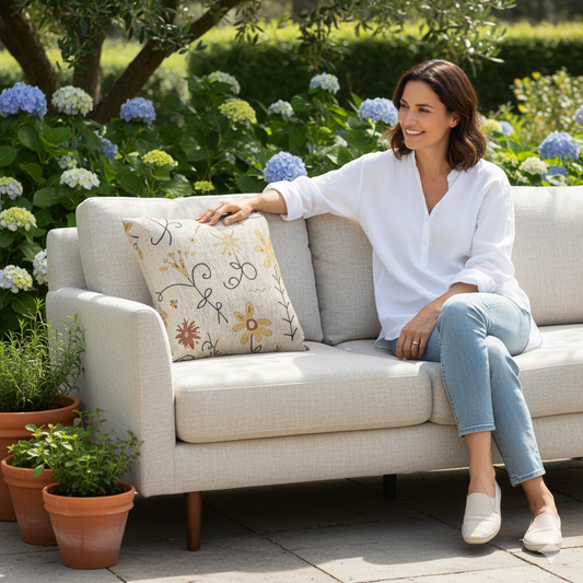 Neutral Floral Embroidered Woven Pillow | Boho Farmhouse Throw Cushion - AURABAGS SHOP