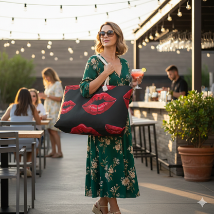 Red Lip Print Weekender Bag | Bold Kiss Pattern, Black Background - AURABAGS SHOP