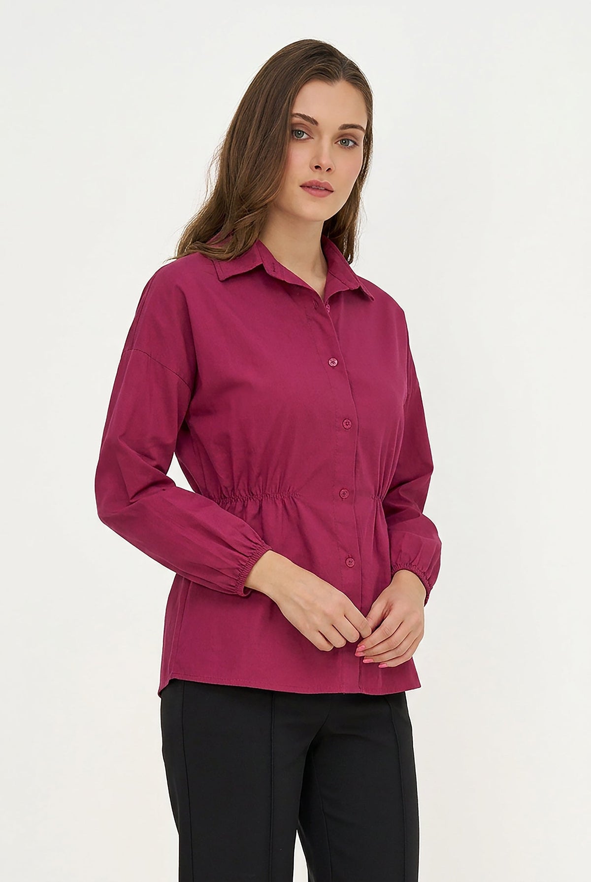 Women's Woven Button-Down Shirt, Long Sleeves & Elastic Waist