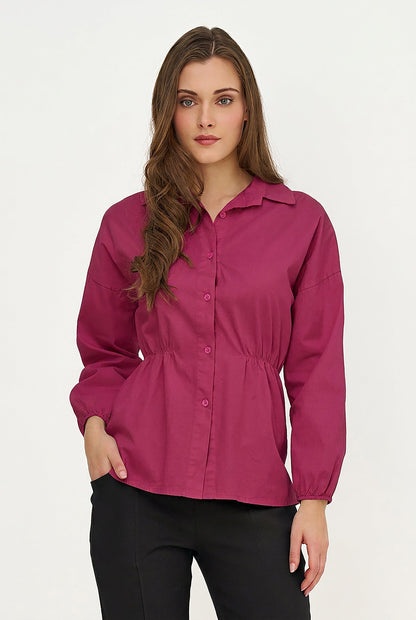 Women's Woven Button-Down Shirt, Long Sleeves & Elastic Waist