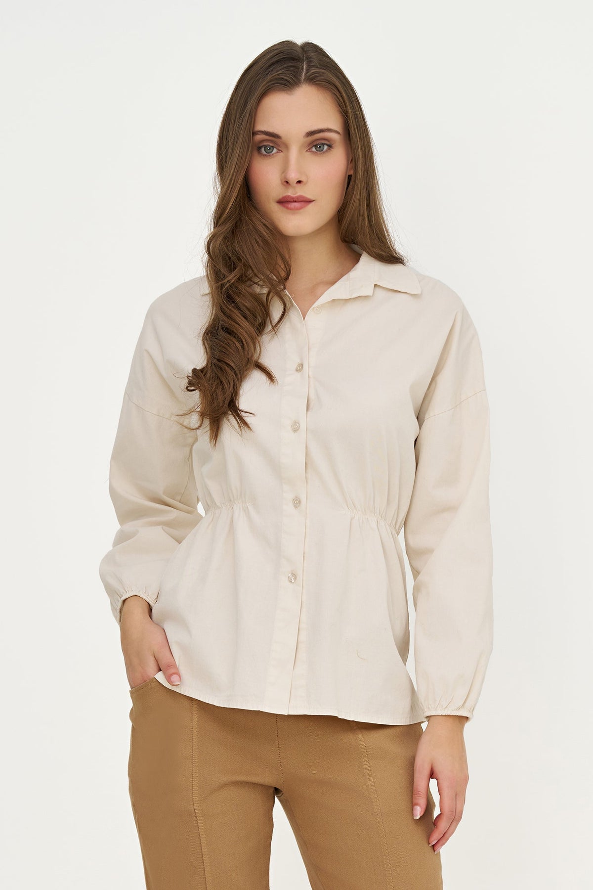 Women's Woven Button-Down Shirt, Long Sleeves & Elastic Waist