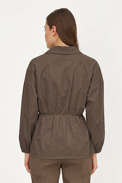 Women's Woven Button-Down Shirt, Long Sleeves & Elastic Waist