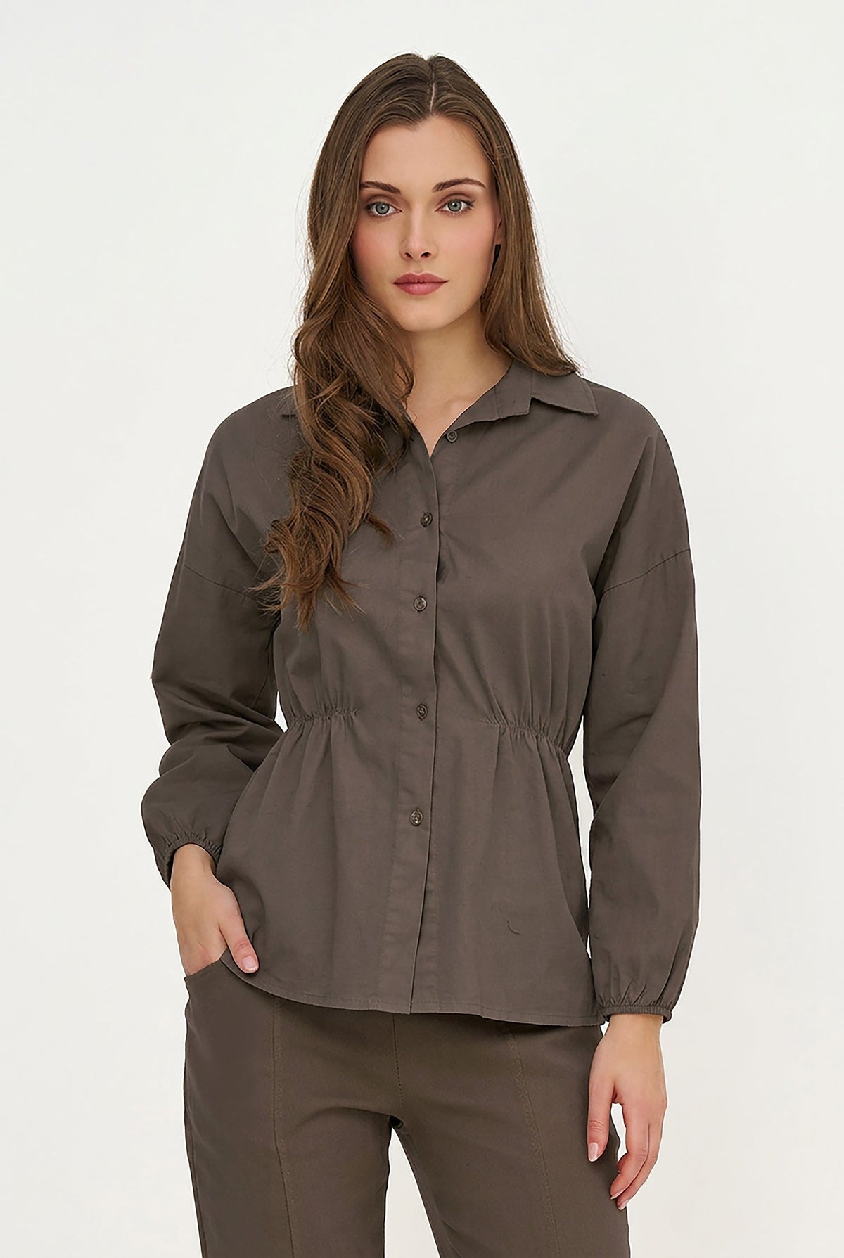 Women's Woven Button-Down Shirt, Long Sleeves & Elastic Waist