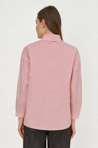 Women's Woven Button-Down Shirt with Long Sleeves & Decorative Studs