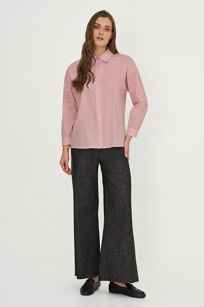 Women's Woven Button-Down Shirt with Long Sleeves & Decorative Studs