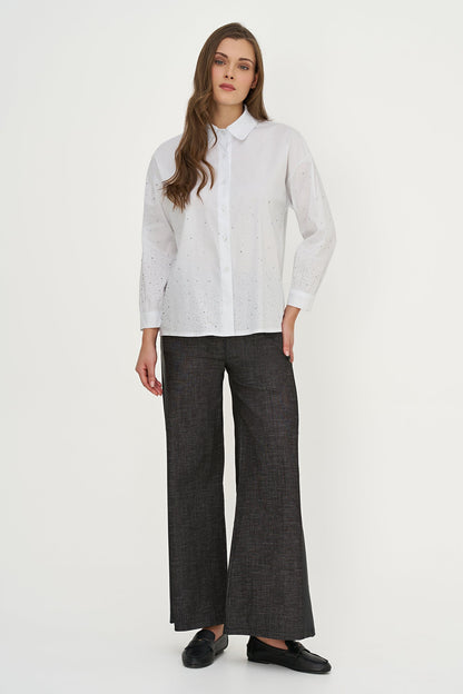 Women's Woven Button-Down Shirt with Long Sleeves & Decorative Studs