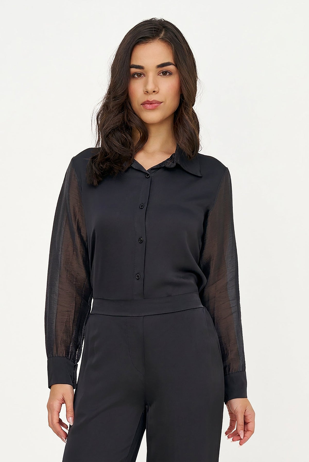 Women's Button-Down Shirt with Satin Body & Semi-Sheer Sleeves