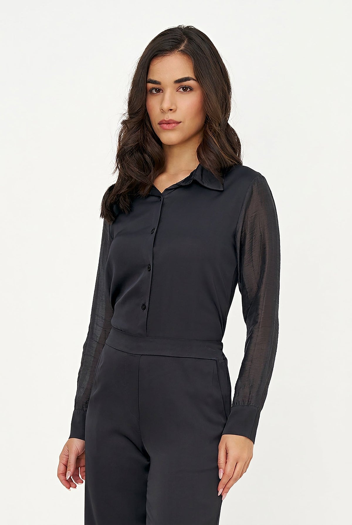 Women's Button-Down Shirt with Satin Body & Semi-Sheer Sleeves
