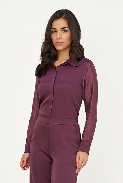 Women's Button-Down Shirt with Satin Body & Semi-Sheer Sleeves