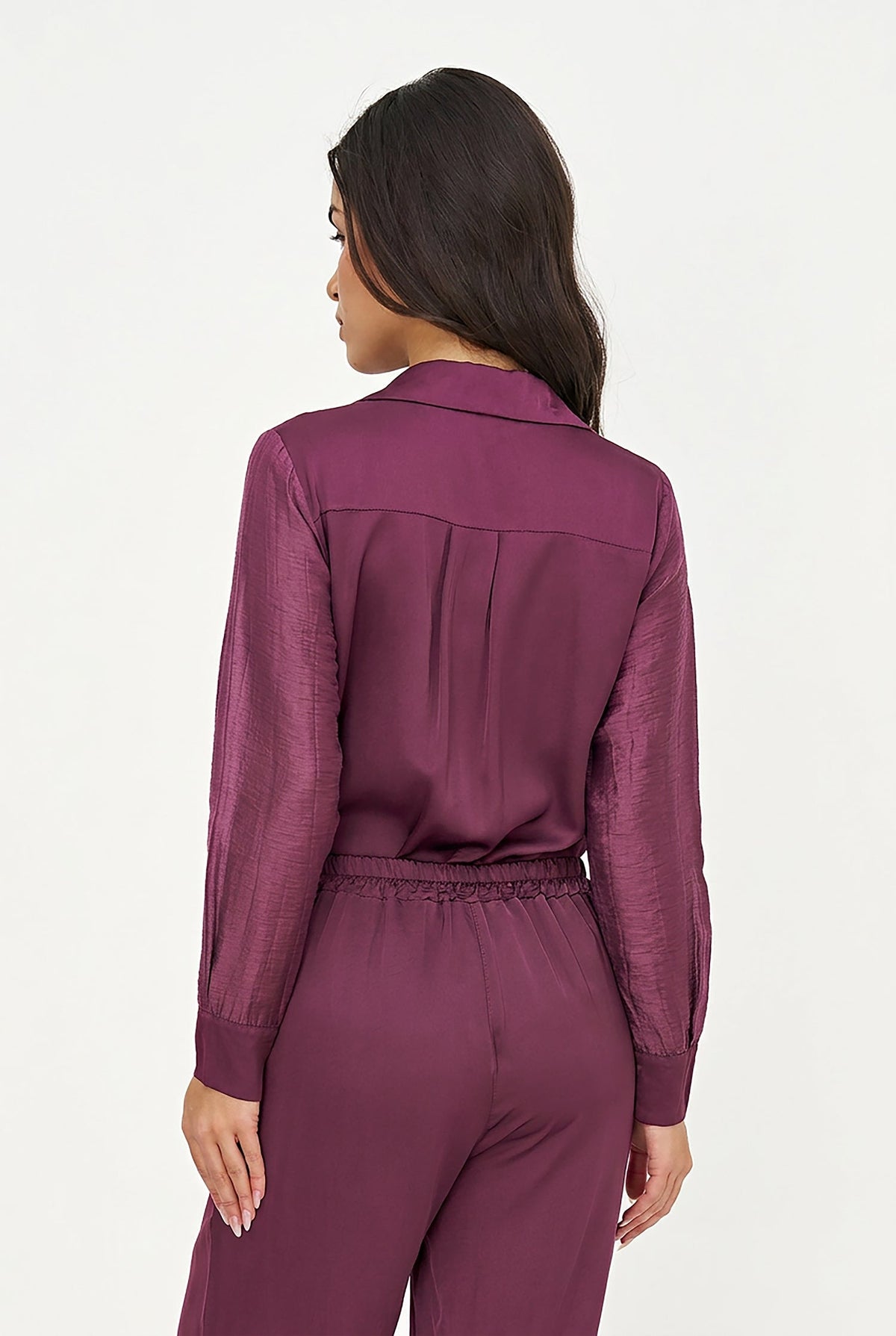 Women's Button-Down Shirt with Satin Body & Semi-Sheer Sleeves