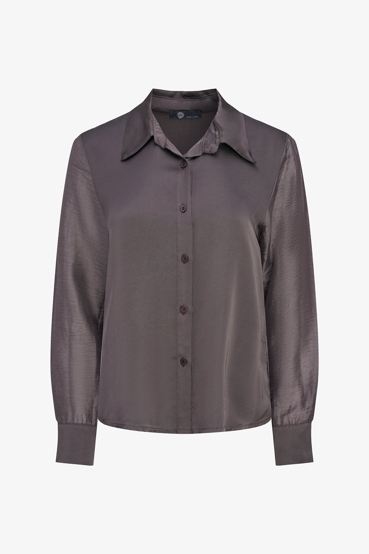 Women's Button-Down Shirt with Satin Body & Semi-Sheer Sleeves