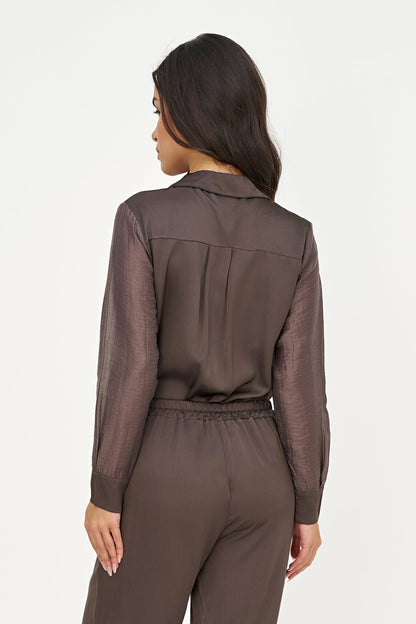 Women's Button-Down Shirt with Satin Body & Semi-Sheer Sleeves