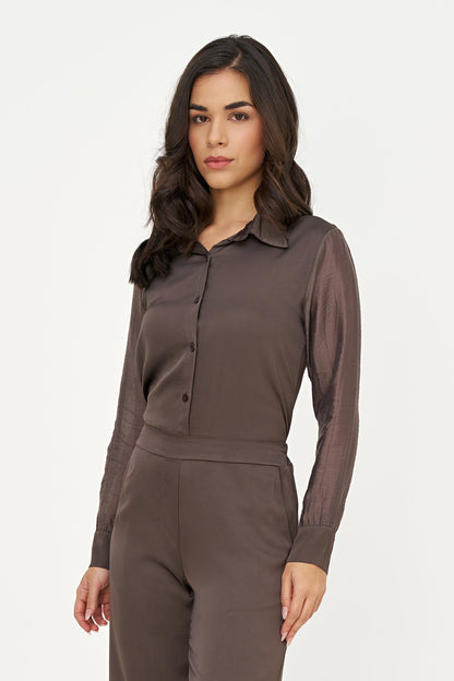 Women's Button-Down Shirt with Satin Body & Semi-Sheer Sleeves