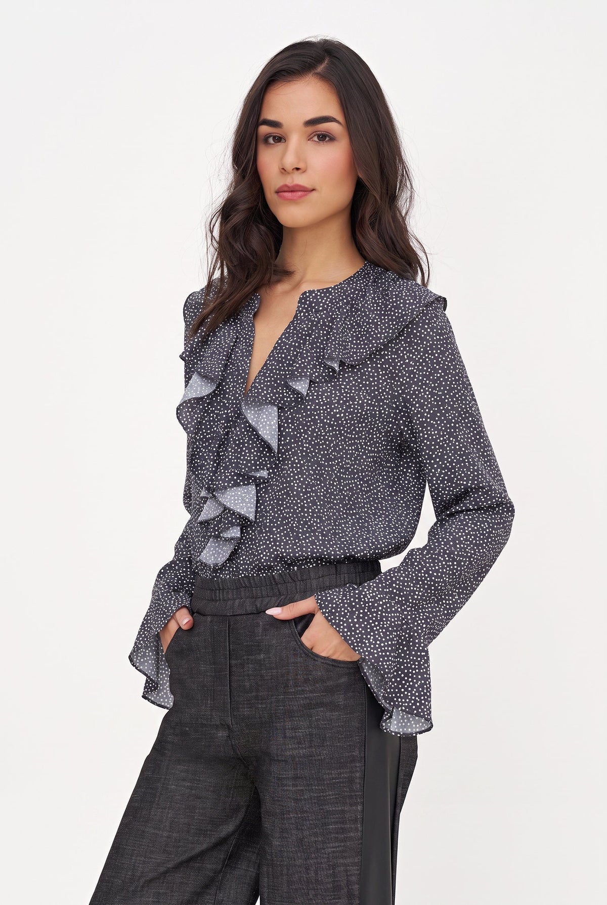 Women's Printed Button-Down Shirt with Ruffled Front, Collar & Cuffs