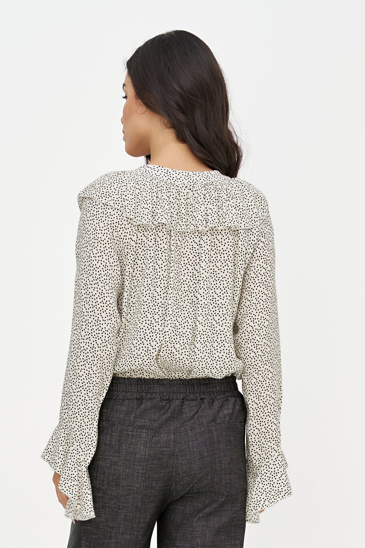 Women's Printed Button-Down Shirt with Ruffled Front, Collar & Cuffs