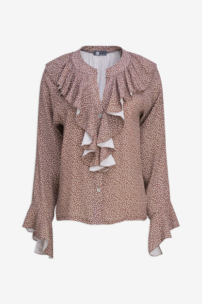 Women's Printed Button-Down Shirt with Ruffled Front, Collar & Cuffs