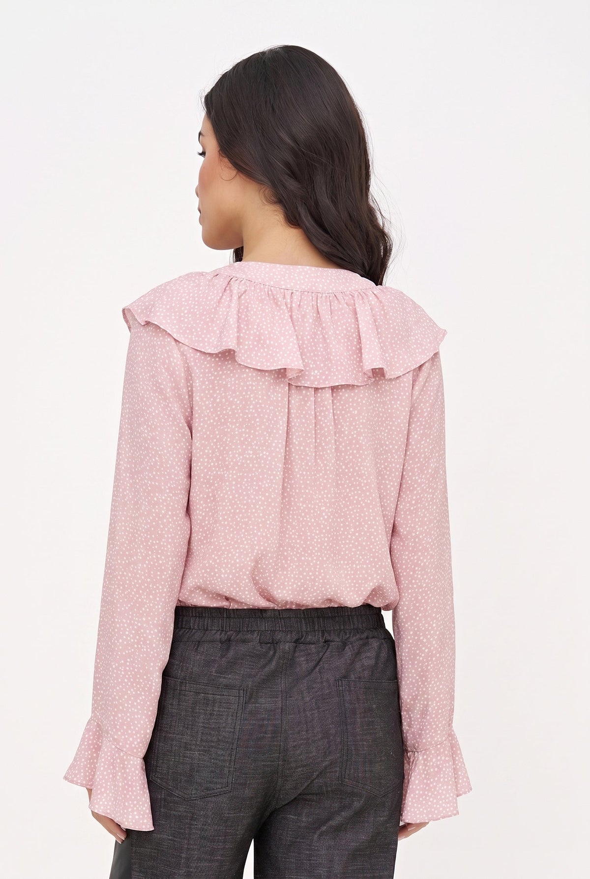 Women's Printed Button-Down Shirt with Ruffled Front, Collar & Cuffs