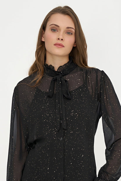 Women's Foil-Print Button-Down Shirt, Tie-Bow Collar & Removable Cami