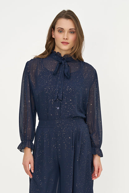 Women's Foil-Print Button-Down Shirt, Tie-Bow Collar & Removable Cami