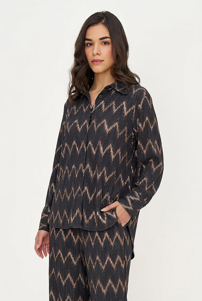 Women's Foil Zigzag-Stripe Button-Down Tunic Shirt with Removable Cami