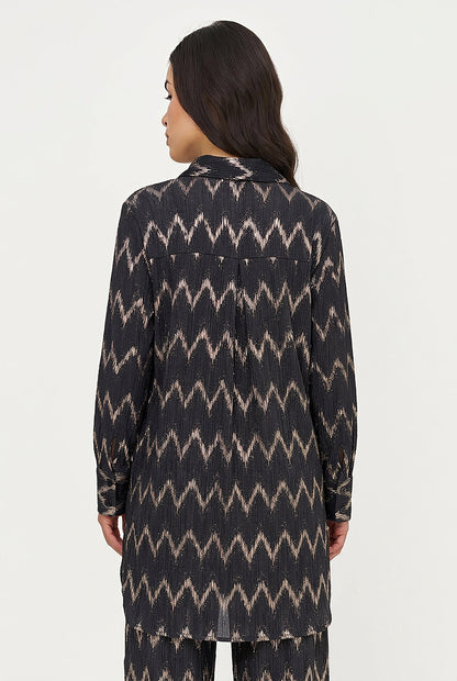 Women's Foil Zigzag-Stripe Button-Down Tunic Shirt with Removable Cami